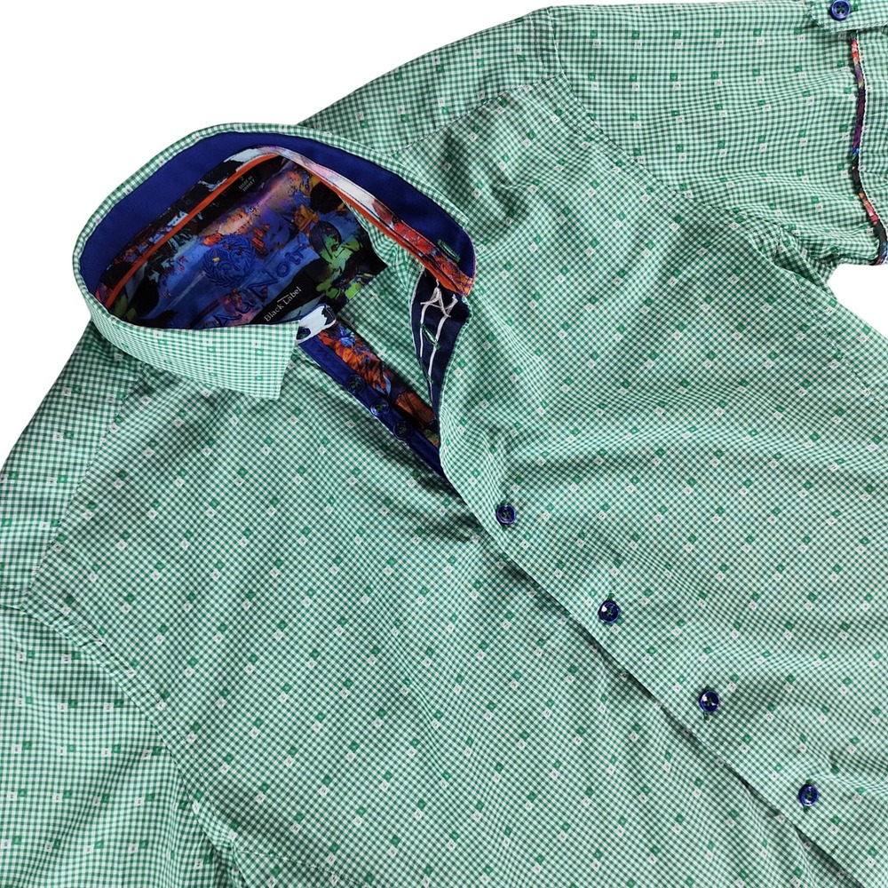 Au Noir Black Label Shirt Men 2 Green Gingham Short Sleeve 100% Cotton Button Up